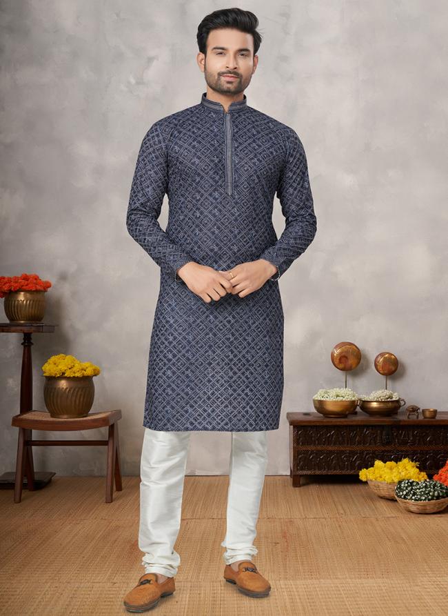 Cotton Navy Blue Traditional Wear Digital Printed Kurta Pajama